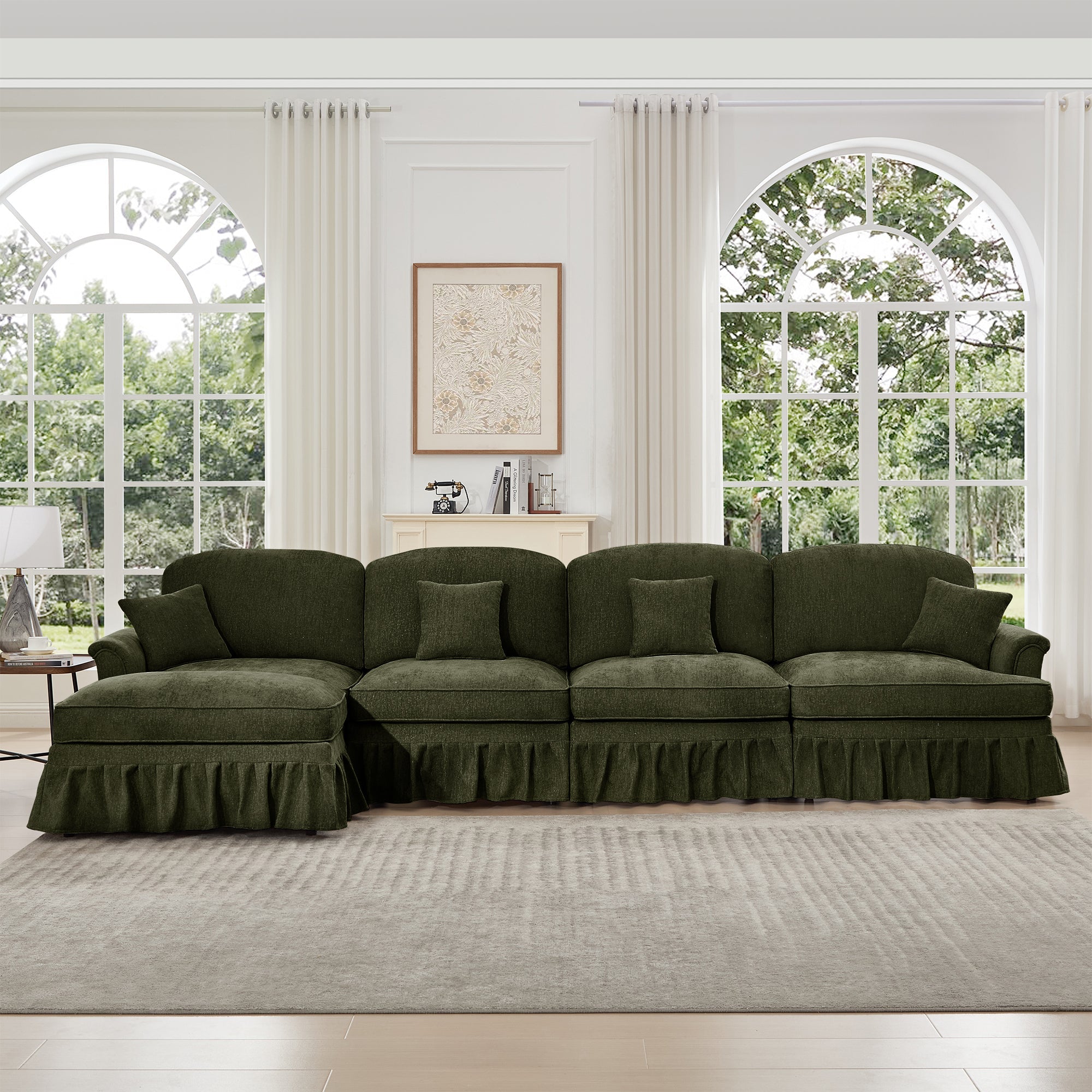 Classic Three Seater Modular L Shaped Sectional Couch with Flared Arms and Removable Ruffles Pleats Skirts and Spindle Legs, Comfy Chenille Four-Seat Deep Seat Sofa with Movable Ottoman, Green