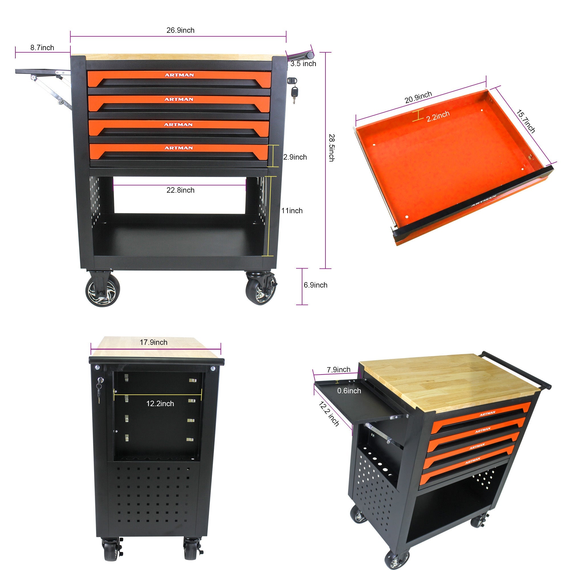 4 Drawers Multifunctional Tool Cart With Wheels And Wooden Top