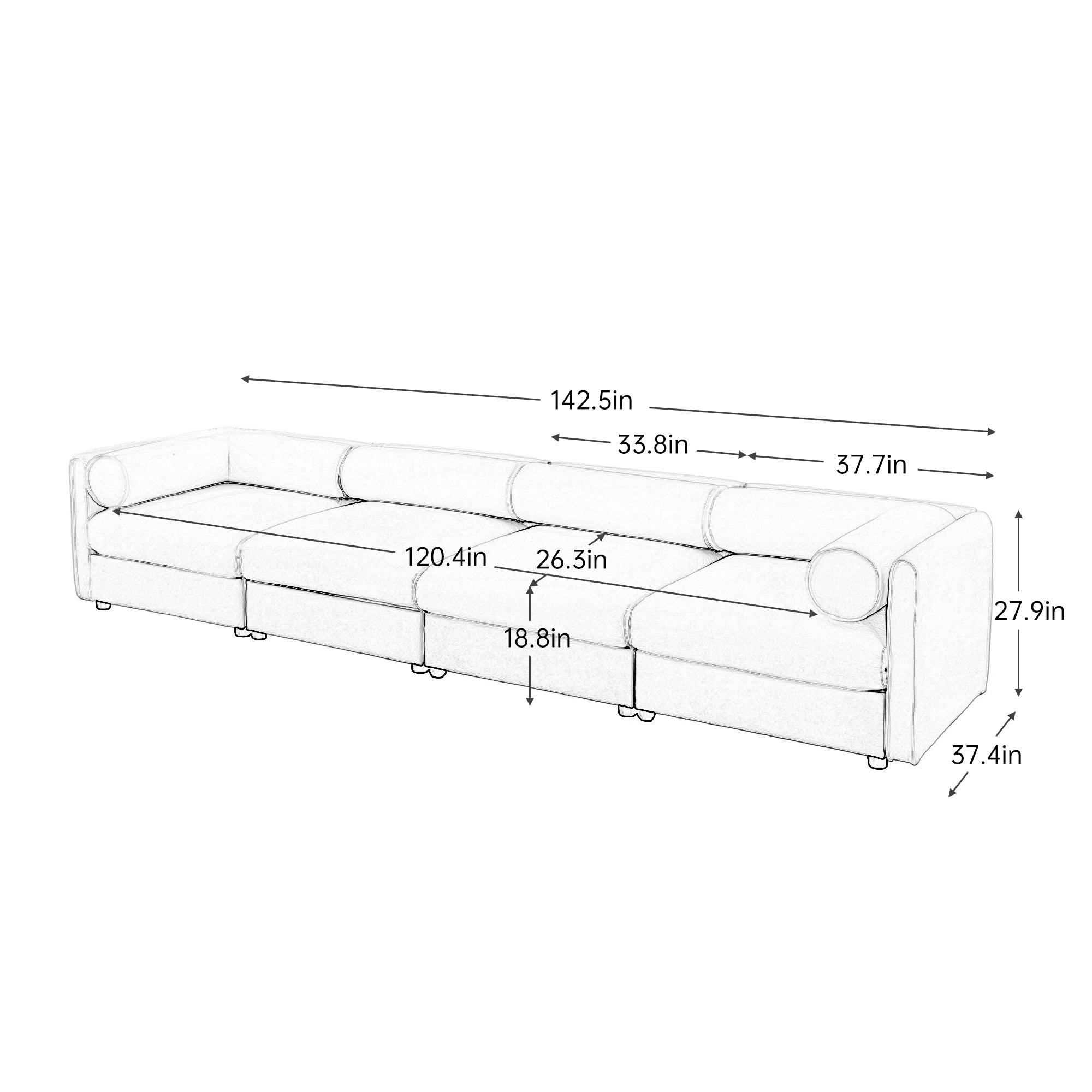 Modular Sectional Sofa with Storage, Cylindrical Backrest and Armrests Deep Comfortable Seating,Durable and Supportive for Living Room,4 Seat L- Shaped Sofa, White
