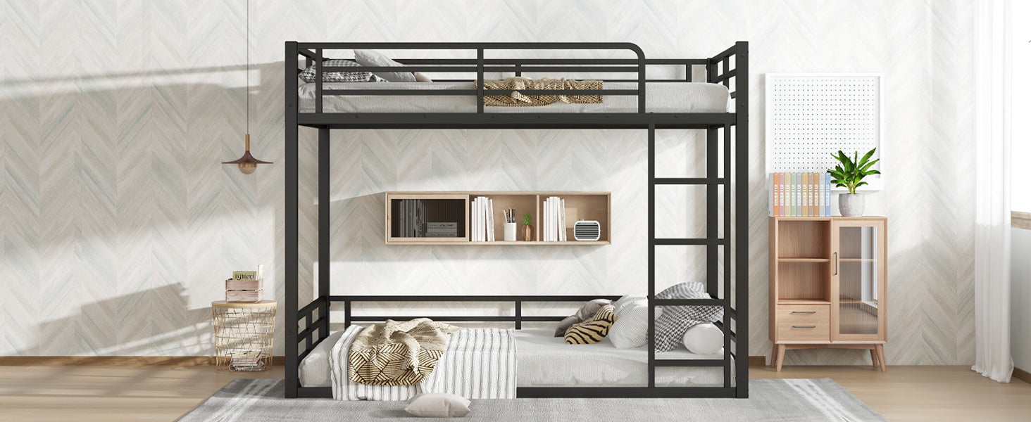 Metal Bunk Bed, Full over Full Floor Bunk Bed Frame,Heavy-Duty Bunk Bed for Kids, Teens, Adults, Noise-reduced Design, Black