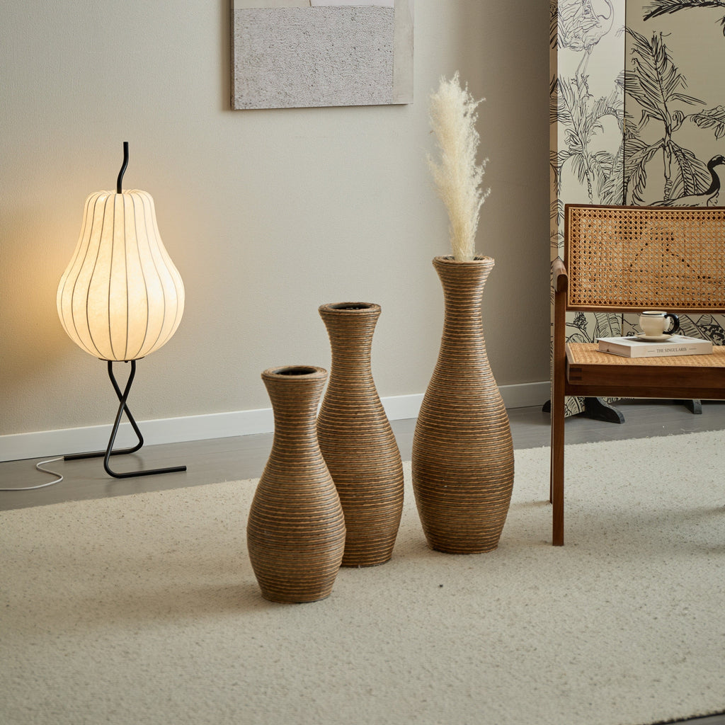 3-Piece Artificial Rattan Floor Vase Set – Decorative Accent for Living Room, Hallway & Entryway, Ideal for Dried or Silk Flower Arrangements, Beige