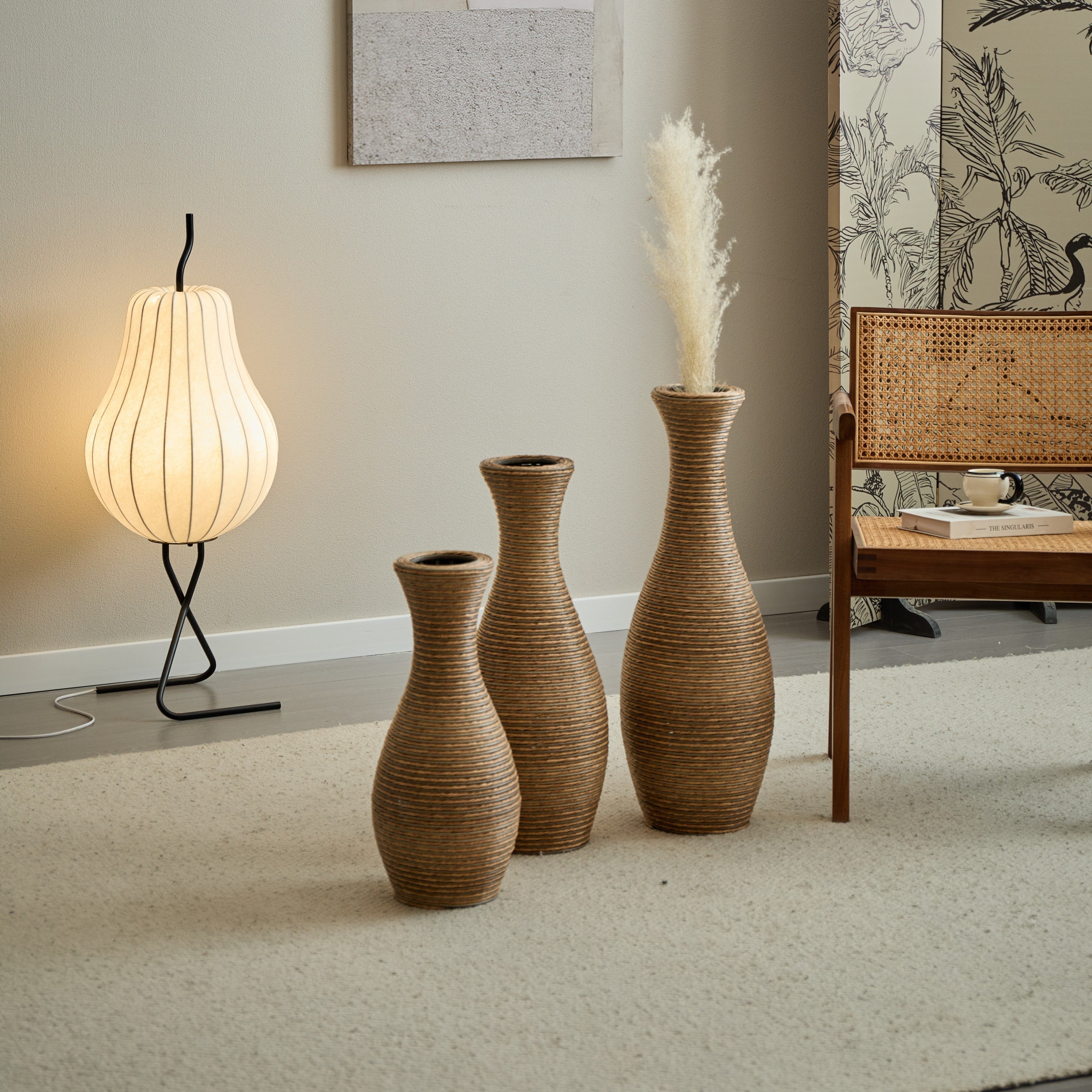3-Piece Artificial Rattan Floor Vase Set – Decorative Accent for Living Room, Hallway & Entryway, Ideal for Dried or Silk Flower Arrangements, Beige