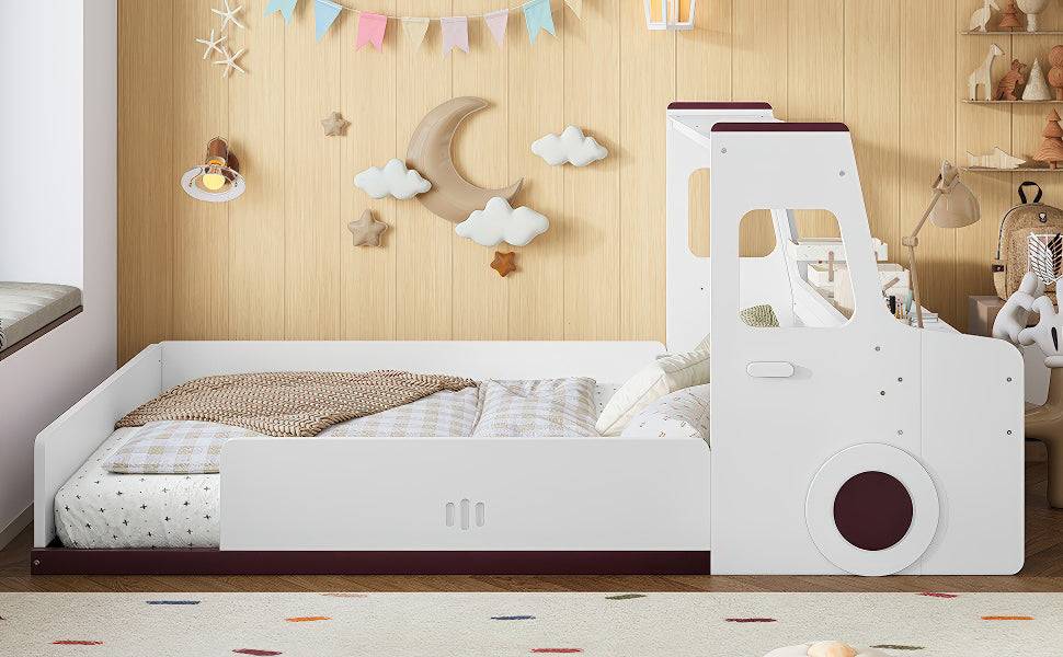 Full Size Floor Bed with Interesting Car-shape Design, Kids Car Floor Bed with Storage Drawers, Window, and Desk, Childlike Design, White