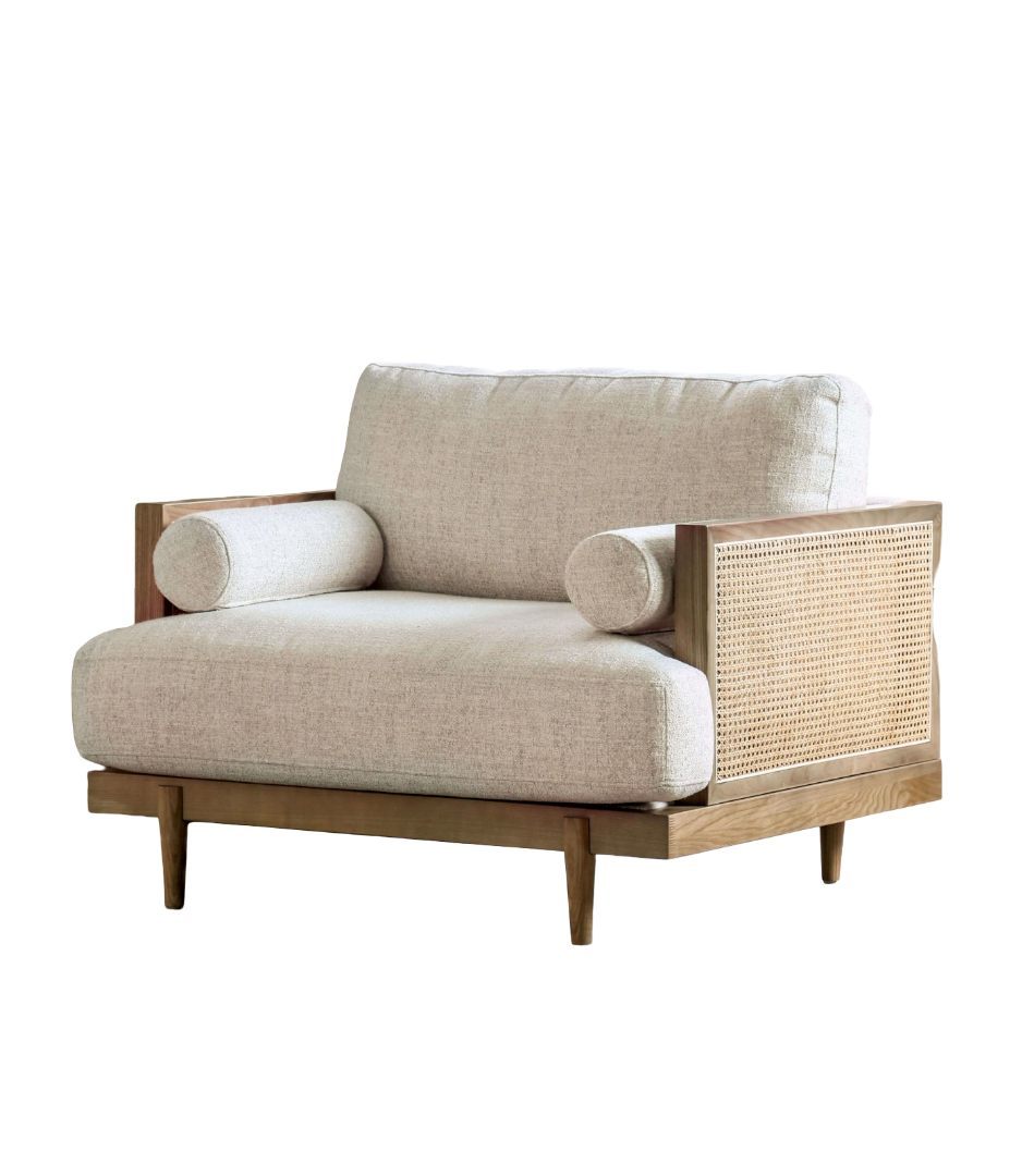 Mid-Century Modern 1pc Beautiful Chair Side Bolster Pillow Tapered Wooden Legs Reversible Pillow Back Beige And Light Oak Finish Primary Living Room