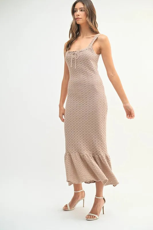 MABLE Ruffled Hem Sleeveless Crochet Knit Midi Dress