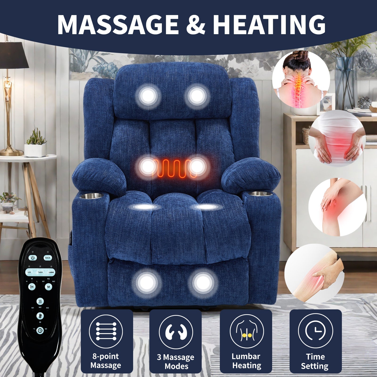 Up to 350 LBS Chenille Power Lift Recliner Chair, Heavy Duty Motion Mechanism with 8-Point Vibration Massage and Lumbar Heating, USB and Type-C Ports, Stainless Steel Cup Holders, Blue