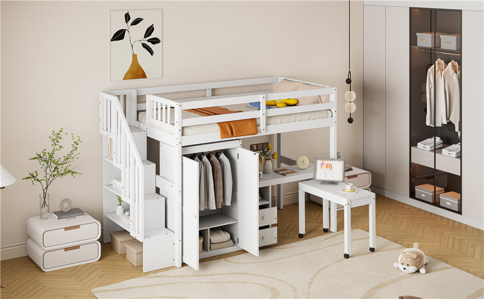 Twin Size Loft Bed with Stairs, Bookshelf, Drawers, Desk & Wardrobe – Space-Saving Multifunctional Furniture for Kids & Teens-White