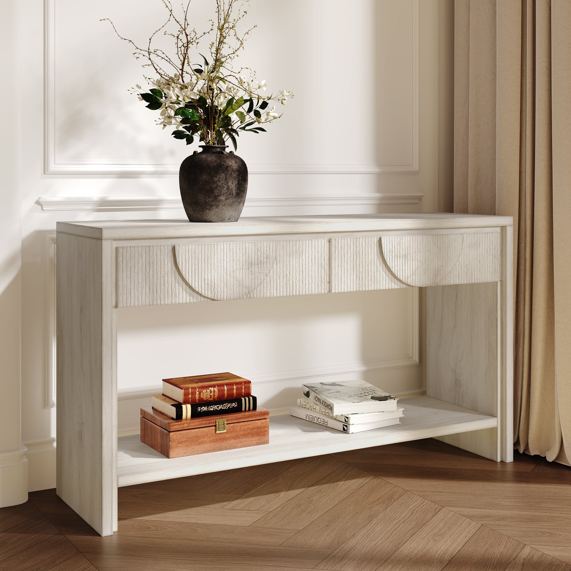 Farmhouse Style Console Table – 55.12' Long Distressed Wood Sofa Table with Storage Drawers & Open Shelf - White