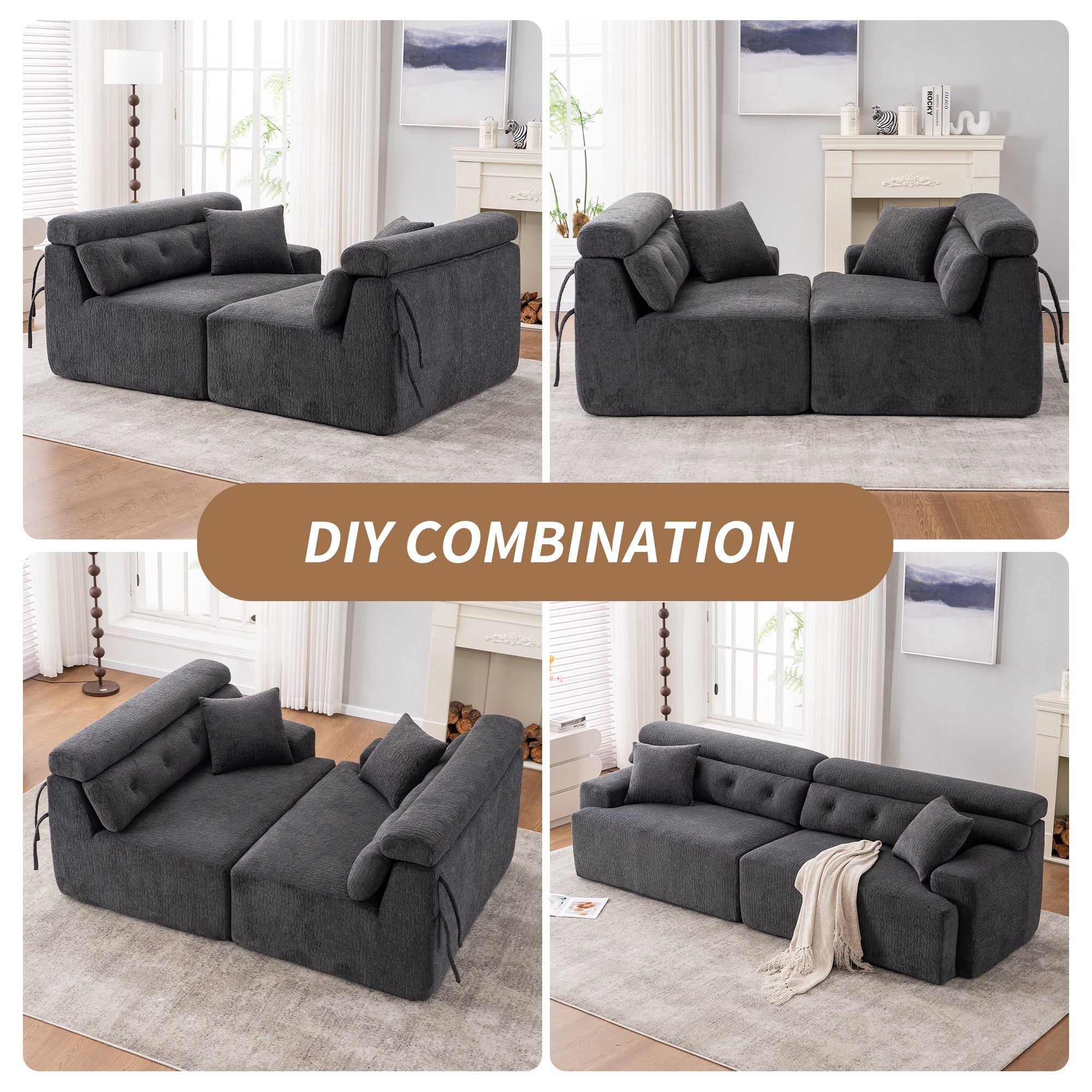 LY-029 GRAY COMPRESSION SOFA: 4-seater combined sofa, Wood Grain Chenille fabric, full sponge compression sofa,combined sofa with 2 pillows  for living/ Home Furniture/ Apartment