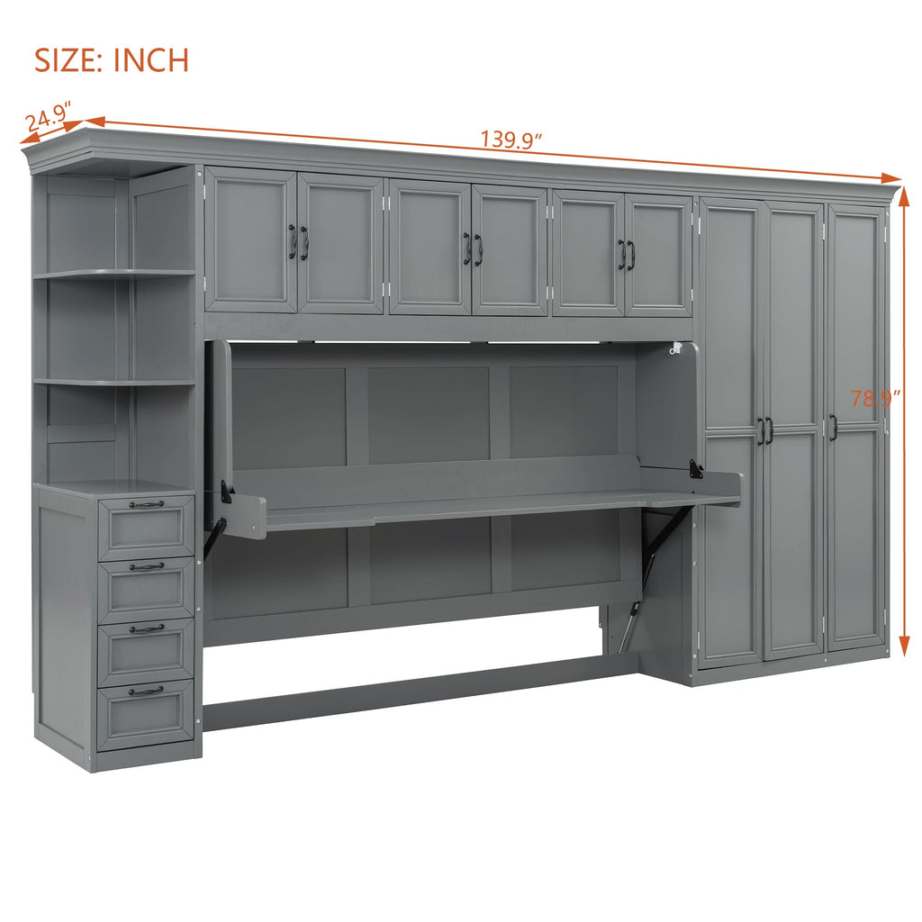 Twin Size Murphy Bed Wall Bed with Wardrobe, Cabinet and Desk, Gray