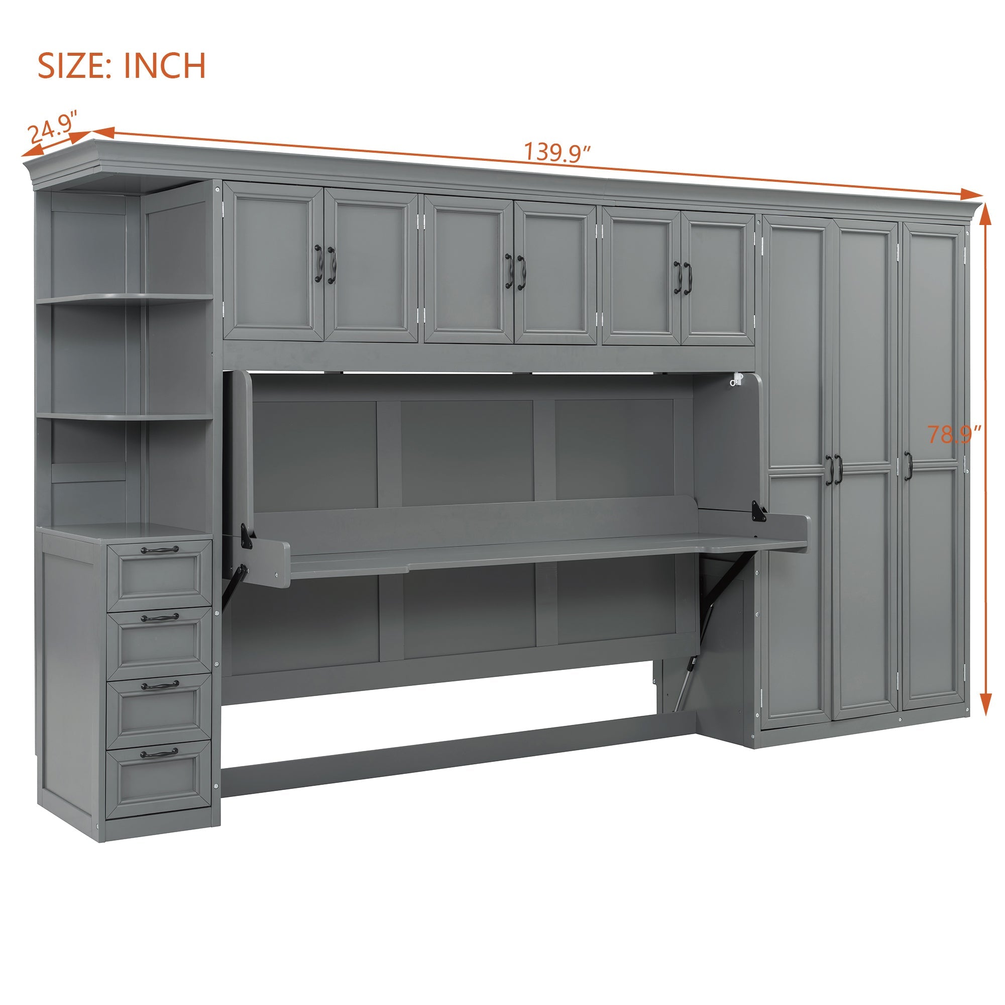 Twin Size Murphy Bed Wall Bed with Wardrobe, Cabinet and Desk, Gray