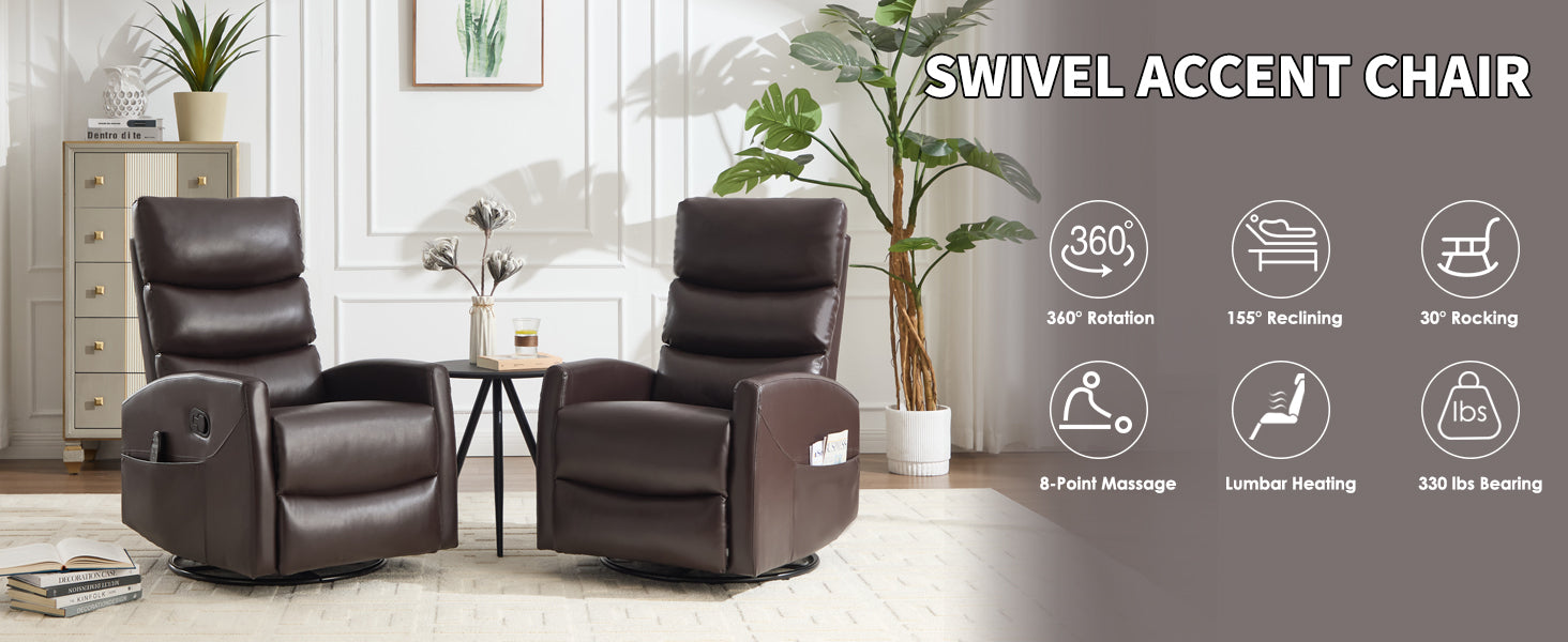 Heat Massage Manual Recliner Chair with Rocker and Swivel in Fabric for Living Room, Brown