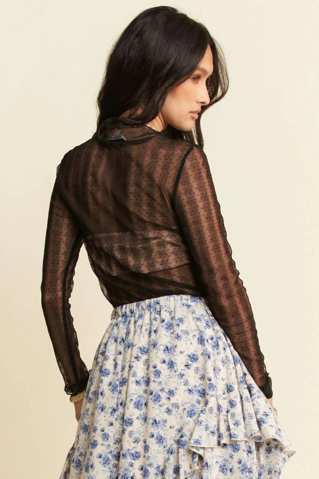 Davi & Dani Turtle Neck Lace Dotted Stretch Mesh Sheer Top