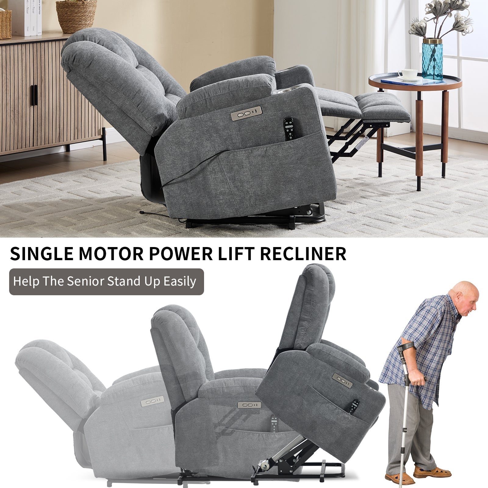 Lift Recliner Chair with Massage and Heat for Elderly, Overstuffed Wide Recliners, Heavy Duty Motion Mechanism with USB and Type C Ports, 2 Steel Cup Holders, Blue Grey