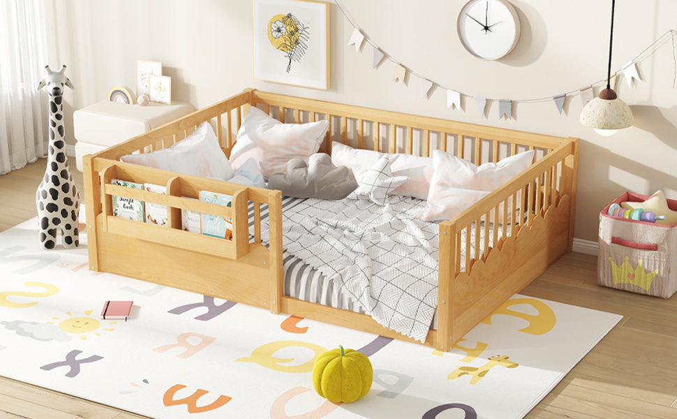Full Floor bed with Heightened Fence and bookshelf ,Wood Floor Bed for Kids,Natural.