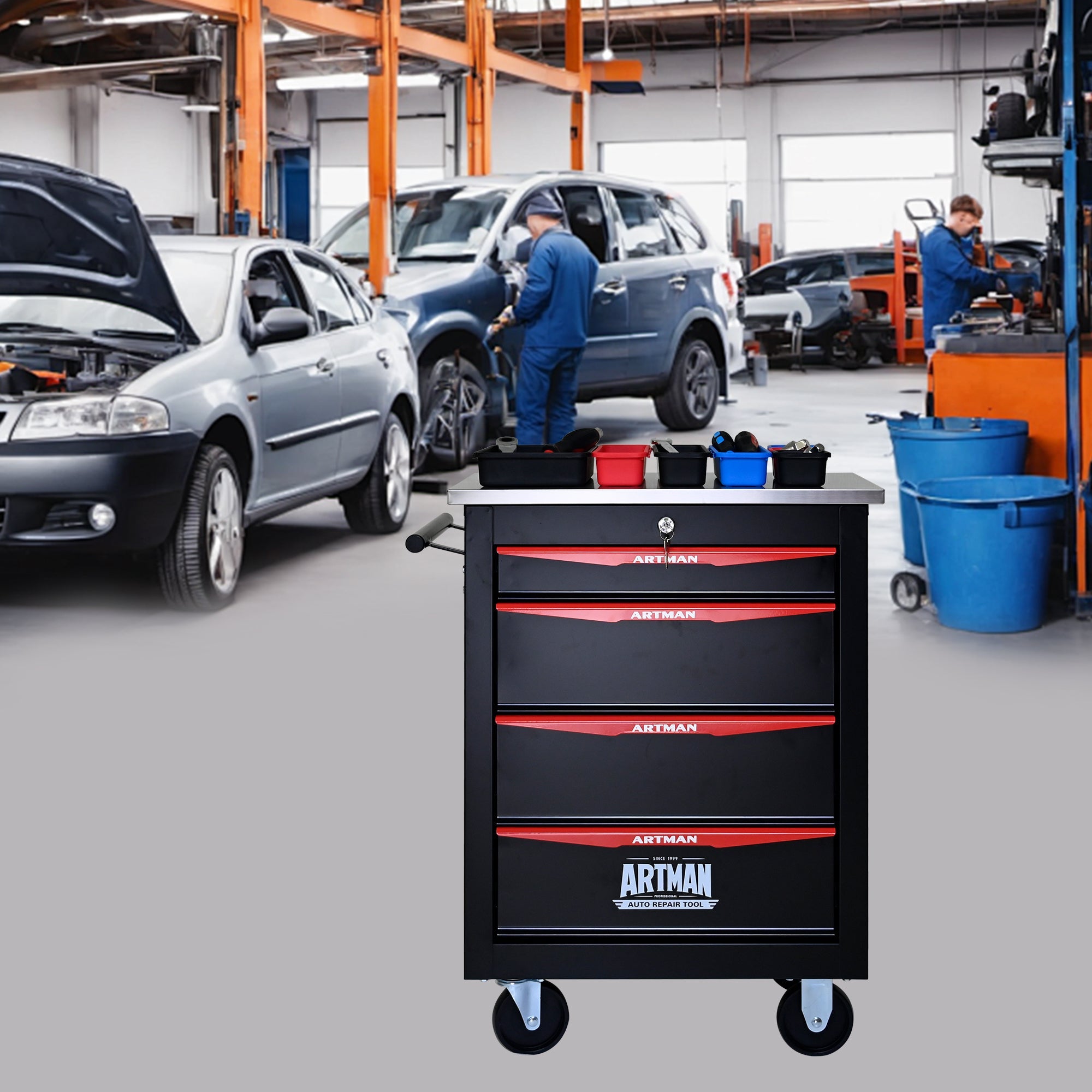4-Drawer Multifunctional Tool Cart with Wheels, Metal Rolling Tool Cart Storage for Garage Workshop Warehouse Repair Shop - with Stainless Steel Roof - Black & Red