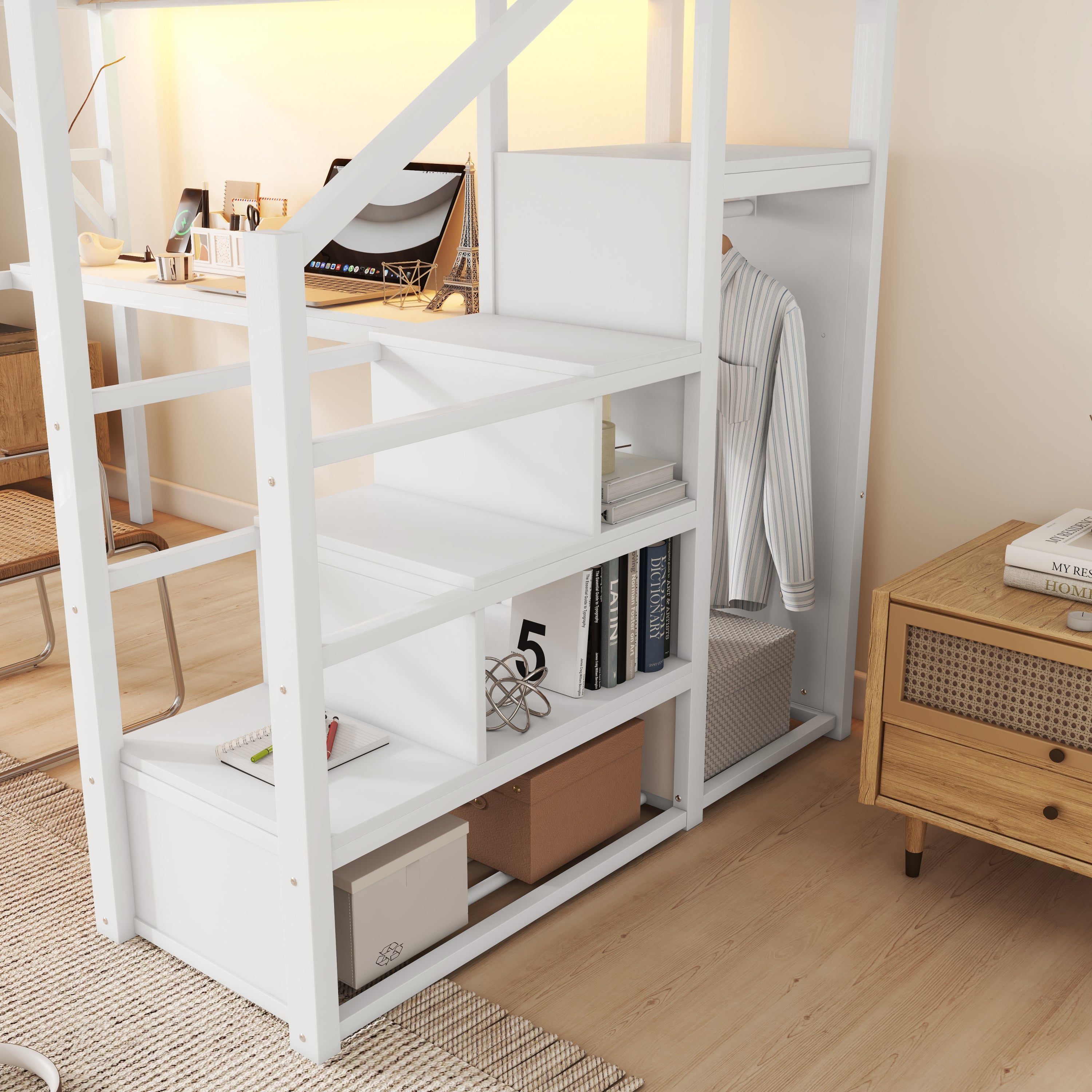 Full Loft Bed with Desk and Charging Station, Full Size Metal Loft Bed with Stairs and Light for Kids Teens,White OLD  SKU W2580S00046
