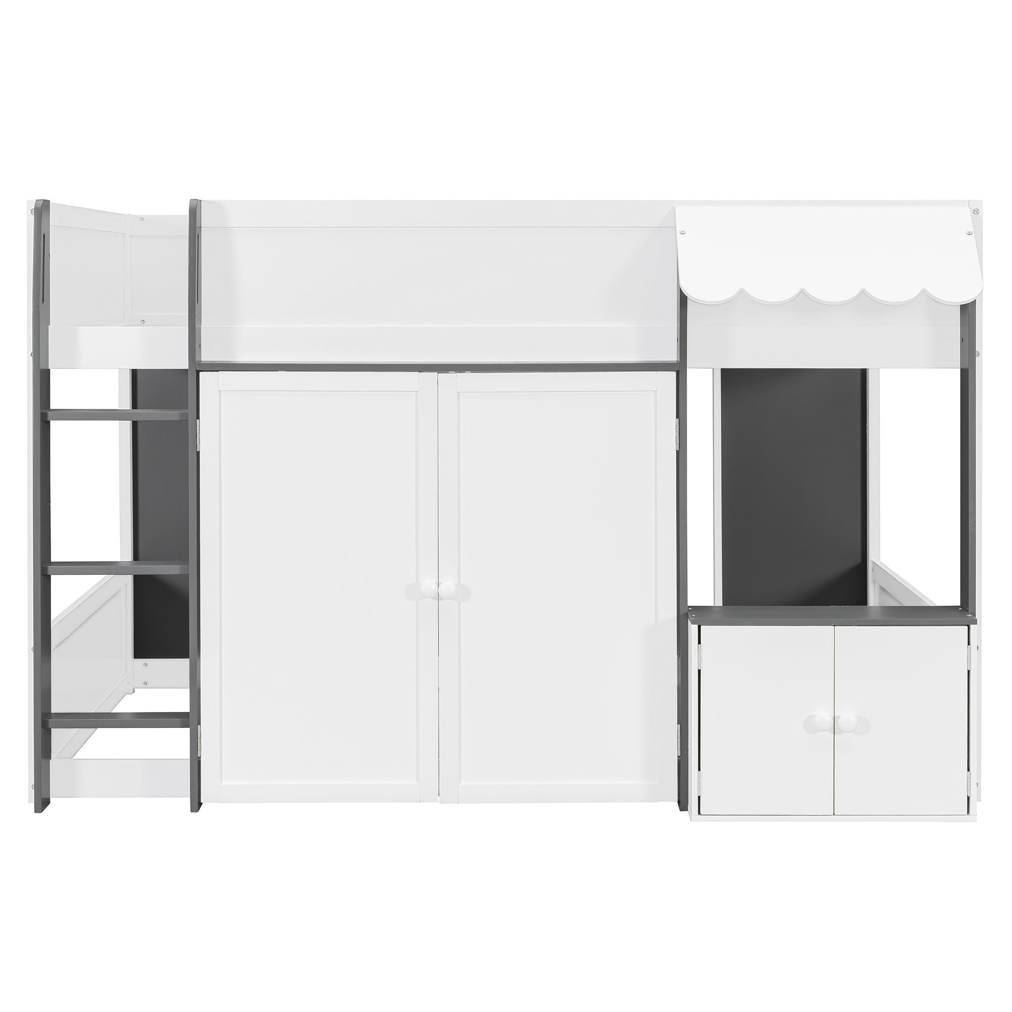 Full Loft House Bed with Playhouse & Storage, Modern Wood Cabin Bed for Kids/Teens, White+Gray
