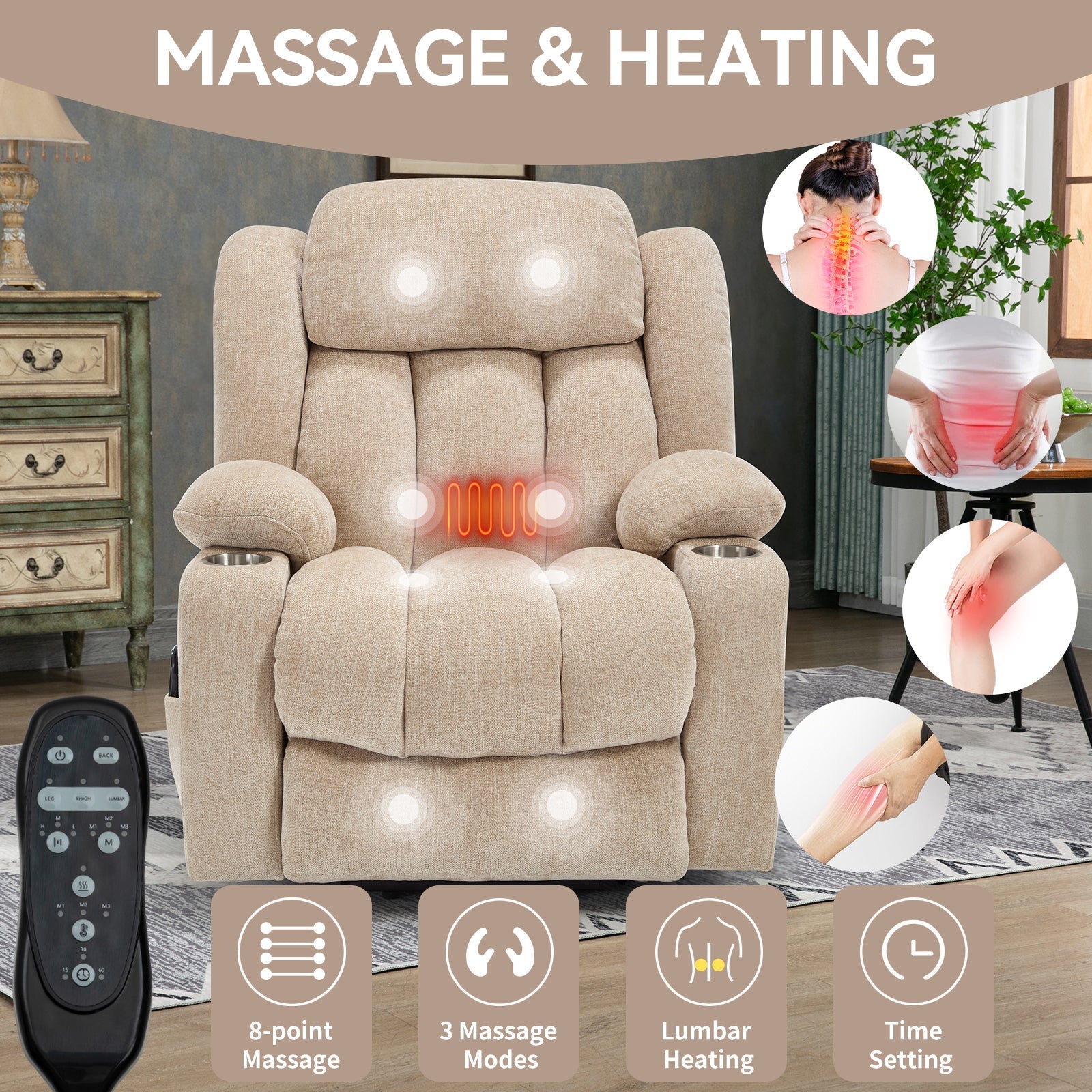 Up to 350 LBS Chenille Power Lift Recliner Chair, Heavy Duty Motion Mechanism with 8-Point Vibration Massage and Lumbar Heating, USB and Type-C Ports, Stainless Steel Cup Holders, Beige