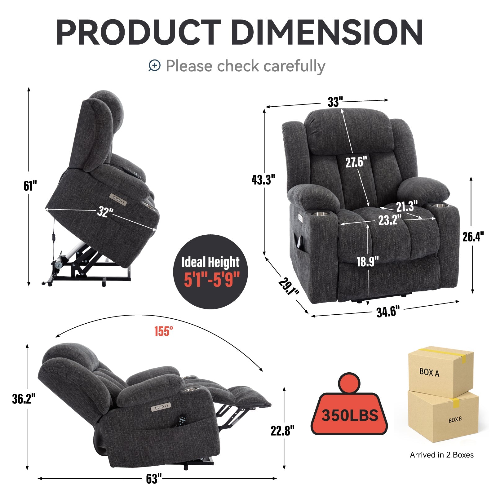 Up to 350 LBS Chenille Power Lift Recliner Chair, Heavy Duty Motion Mechanism with 8-Point Vibration Massage and Lumbar Heating, USB and Type-C Ports, Stainless Steel Cup Holders, Grey