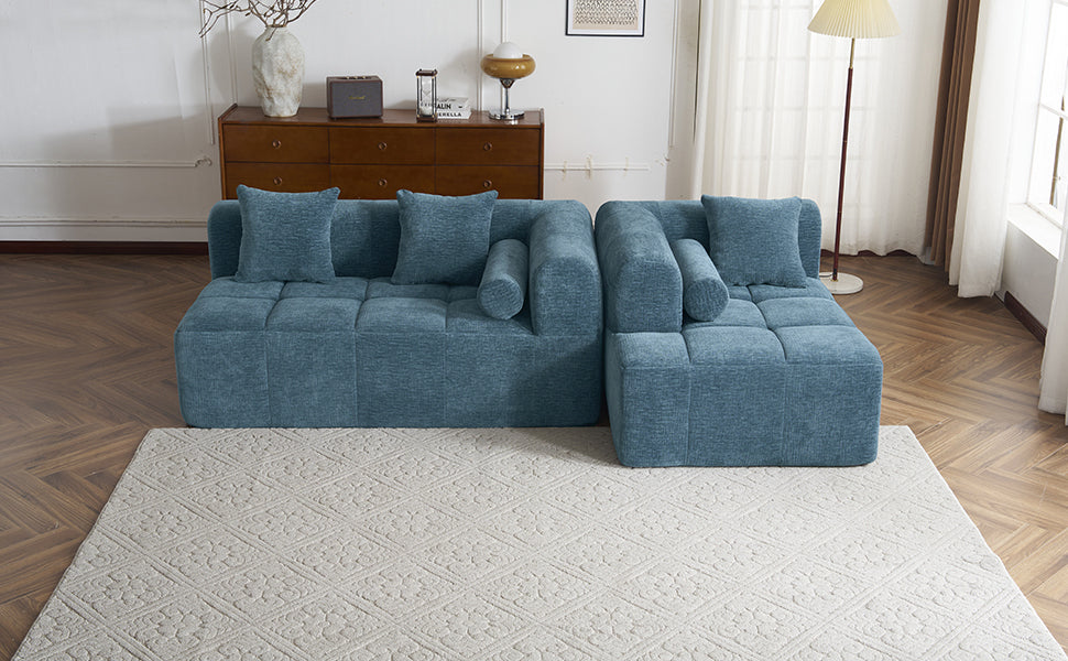 Modern Modular Sofa with Deep Seating, Two Side Pockets, and Plush Pillows in Blue Chenille Fabric, 101.2'