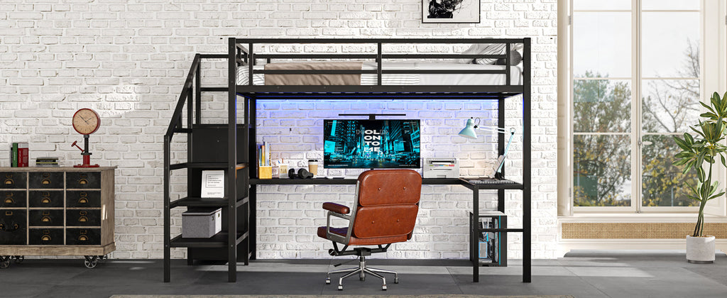 Full Size Loft Bed with L-shaped Desk and USB, Metal Loft Bed with Wardrobe and Adjustable Shelf, High Loft Bed with LED for Kids Teens Adults, Black