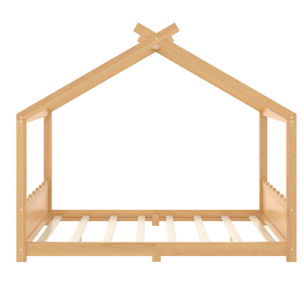 Queen House Floor Bed with Support Slats, Solid Wood House Bed Frame for Kids, No Box Spring Needed and Opening Constructure, Natural