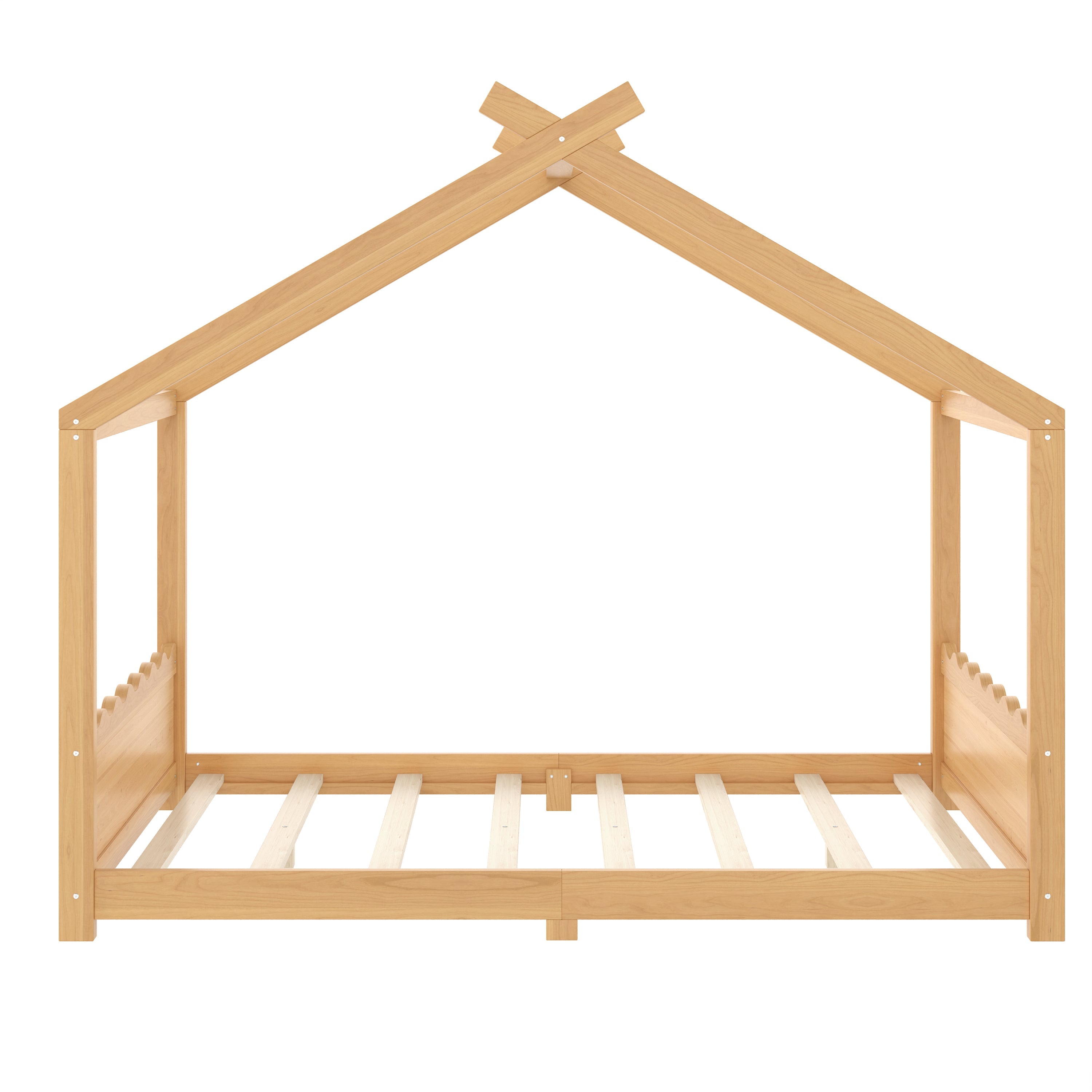 Queen House Floor Bed with Support Slats, Solid Wood House Bed Frame for Kids, No Box Spring Needed and Opening Constructure, Natural