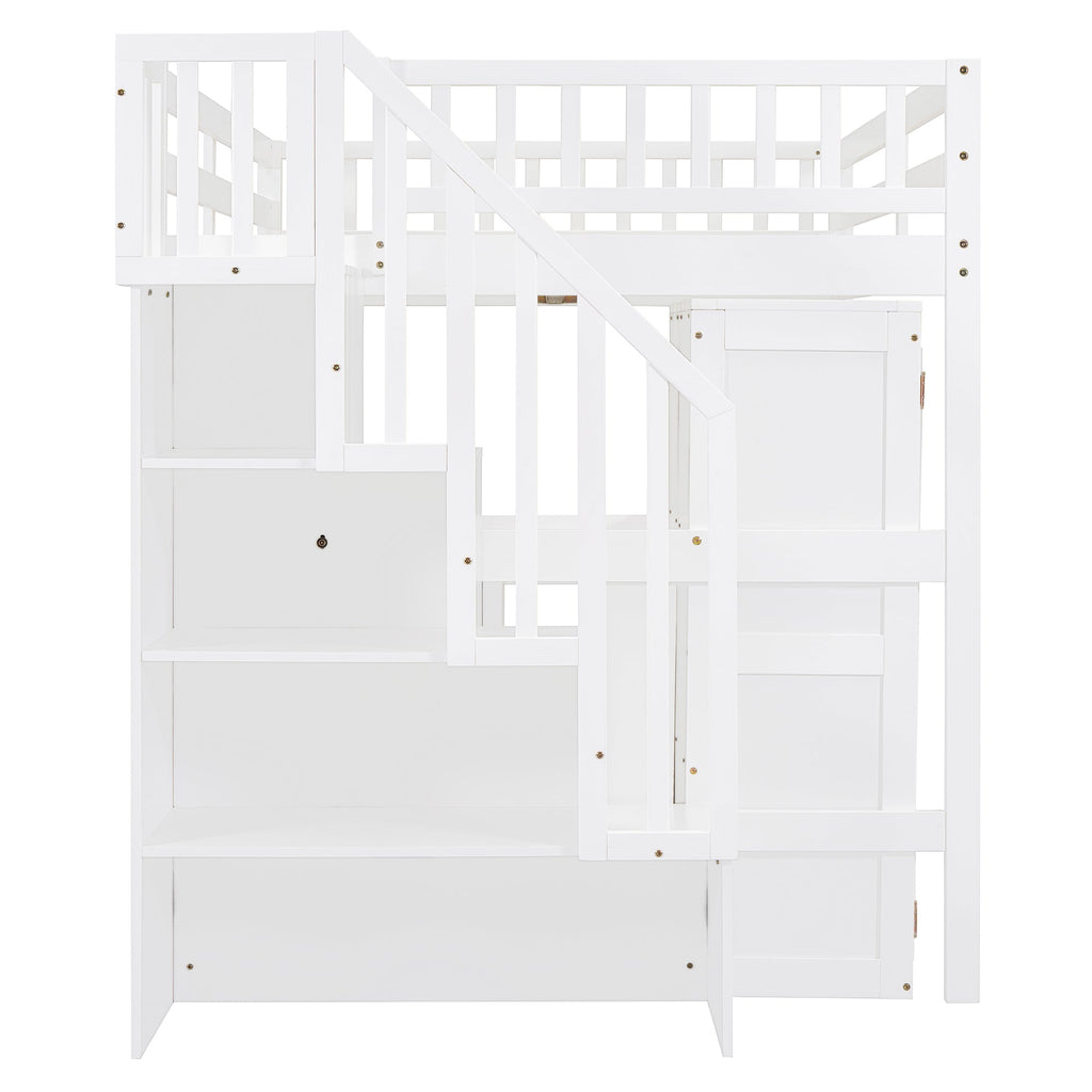 Full Size Loft Bed with Stairs, Bookshelf, Drawers, Desk & Wardrobe – Space-Saving Multifunctional Furniture for Kids & Teens-White