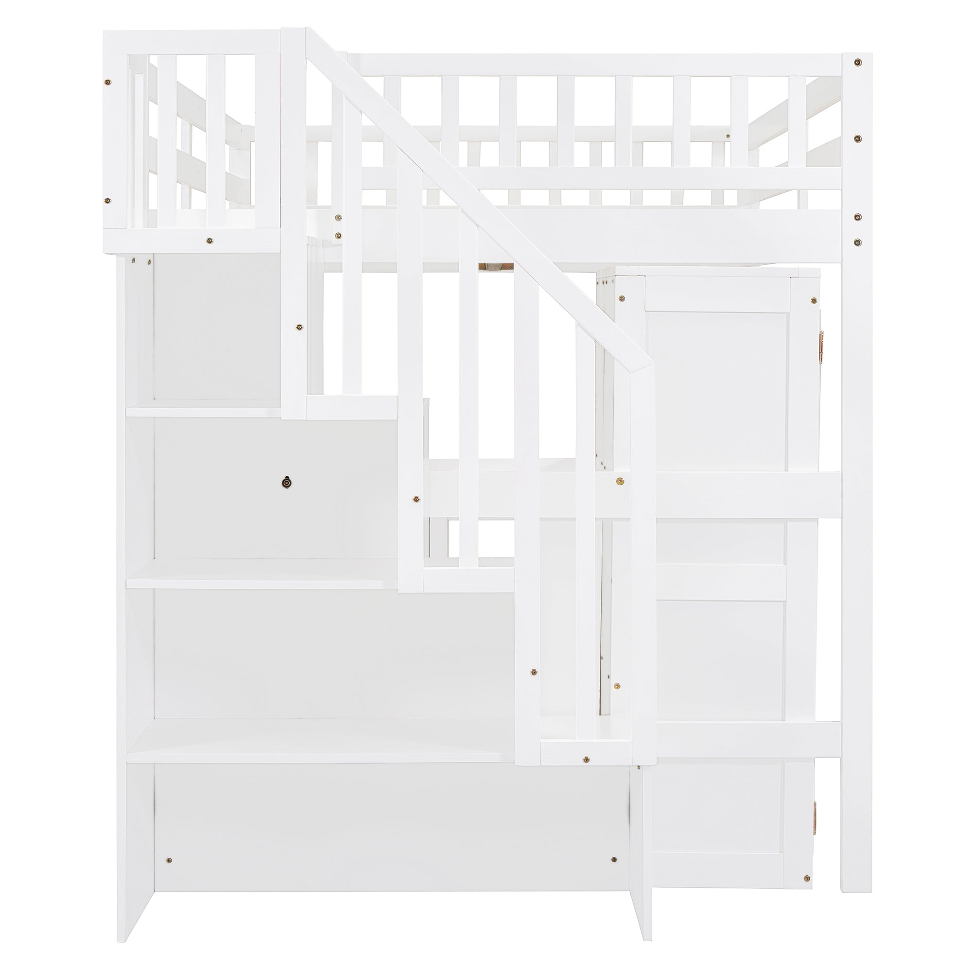 Full Size Loft Bed with Stairs, Bookshelf, Drawers, Desk & Wardrobe – Space-Saving Multifunctional Furniture for Kids & Teens-White