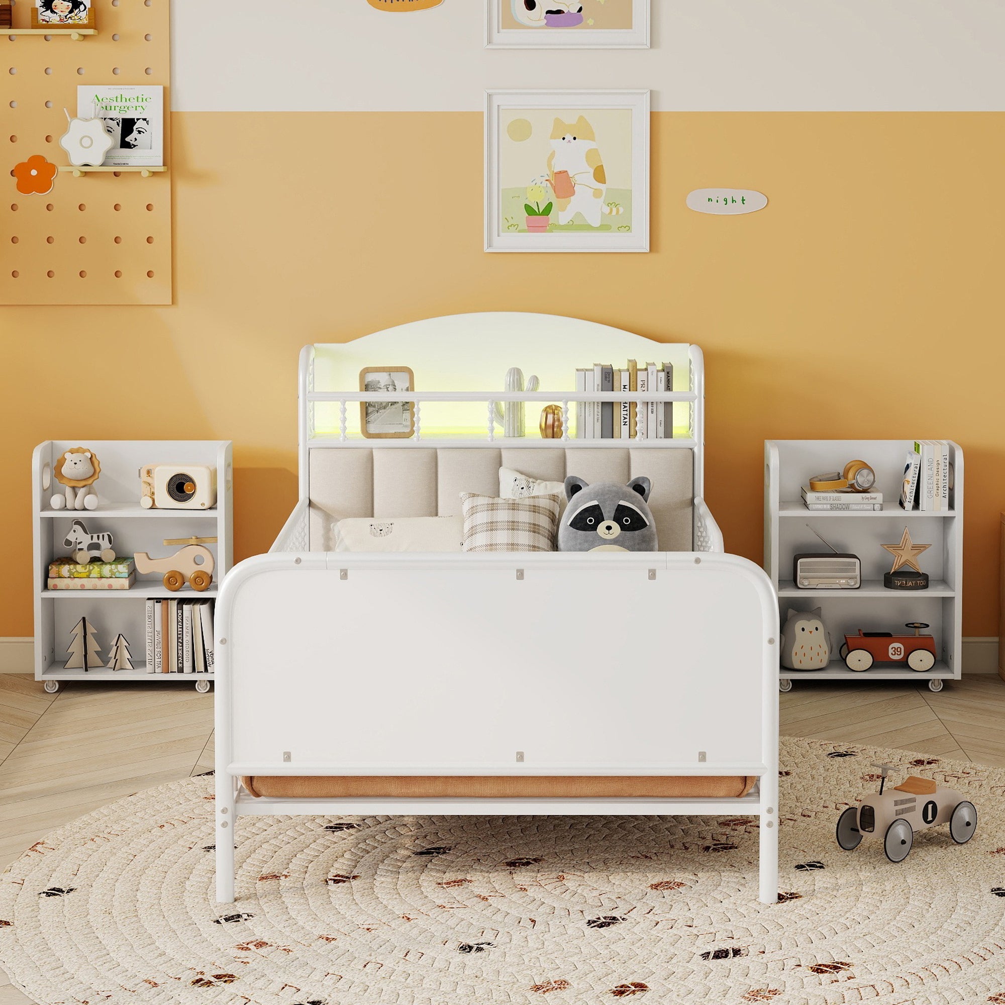 Twin Size Metal Platform Bed Frame with Light, Kids Twin Metal Bed with Upholstered and Pull Out Storage Shelves, White (Expect Arrival Date 2025/10/5)