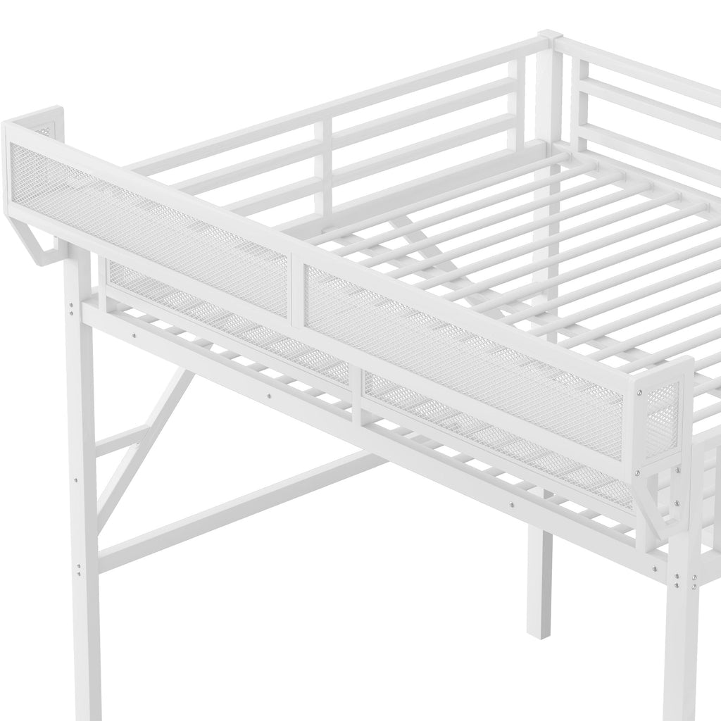 Queen Loft Bed with Desk and Charging Station, Queen Size Metal Loft Bed with Stairs and Light for Kids Teens,White(Old SKU W2580S00033)
