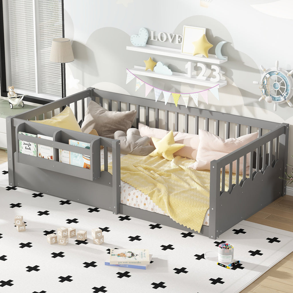 Twin Floor bed with Heightened Fence and bookshelf ,Wood Floor Bed for Kids, Gray.