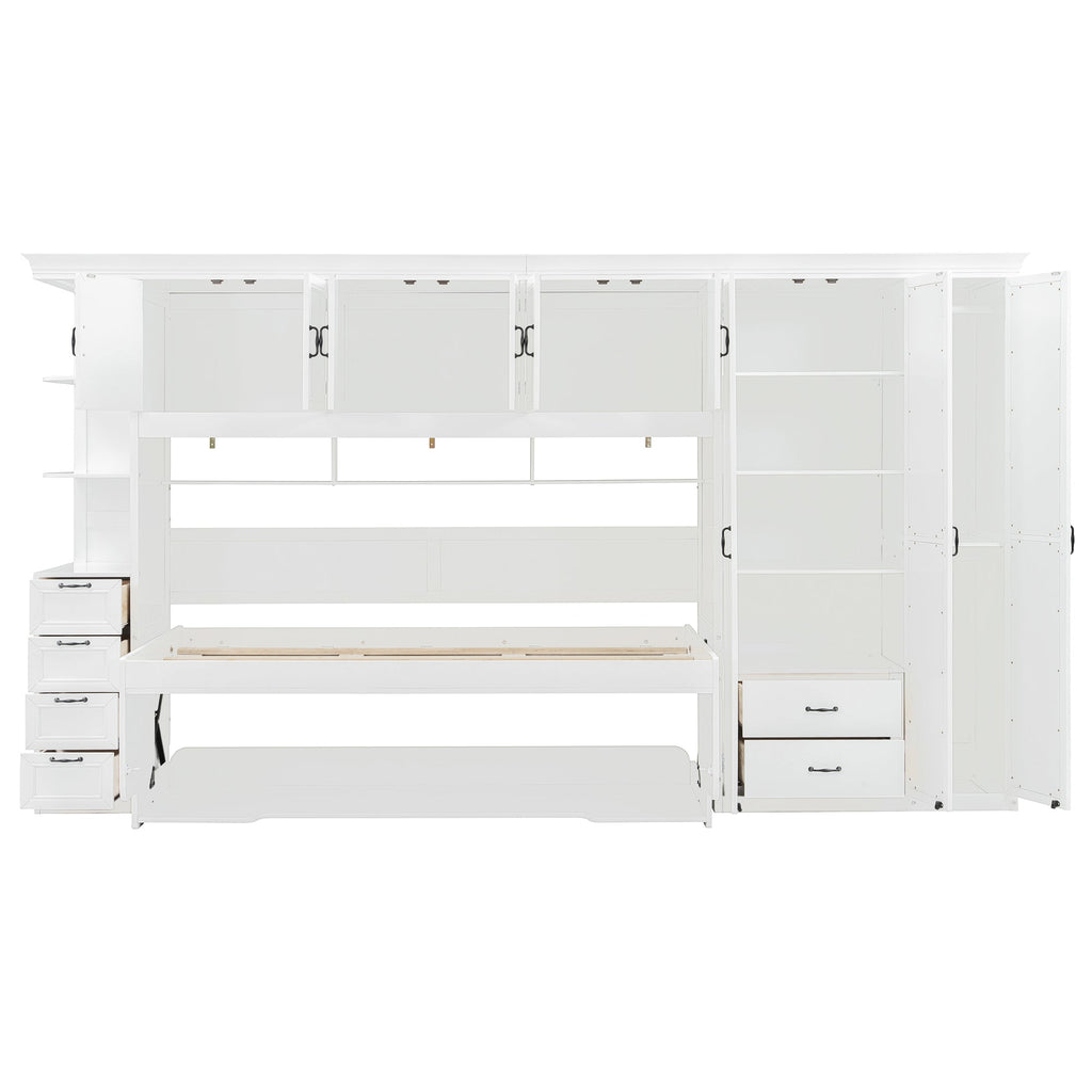 Twin Size Murphy Bed Wall Bed with Wardrobe, Cabinet and Desk, White