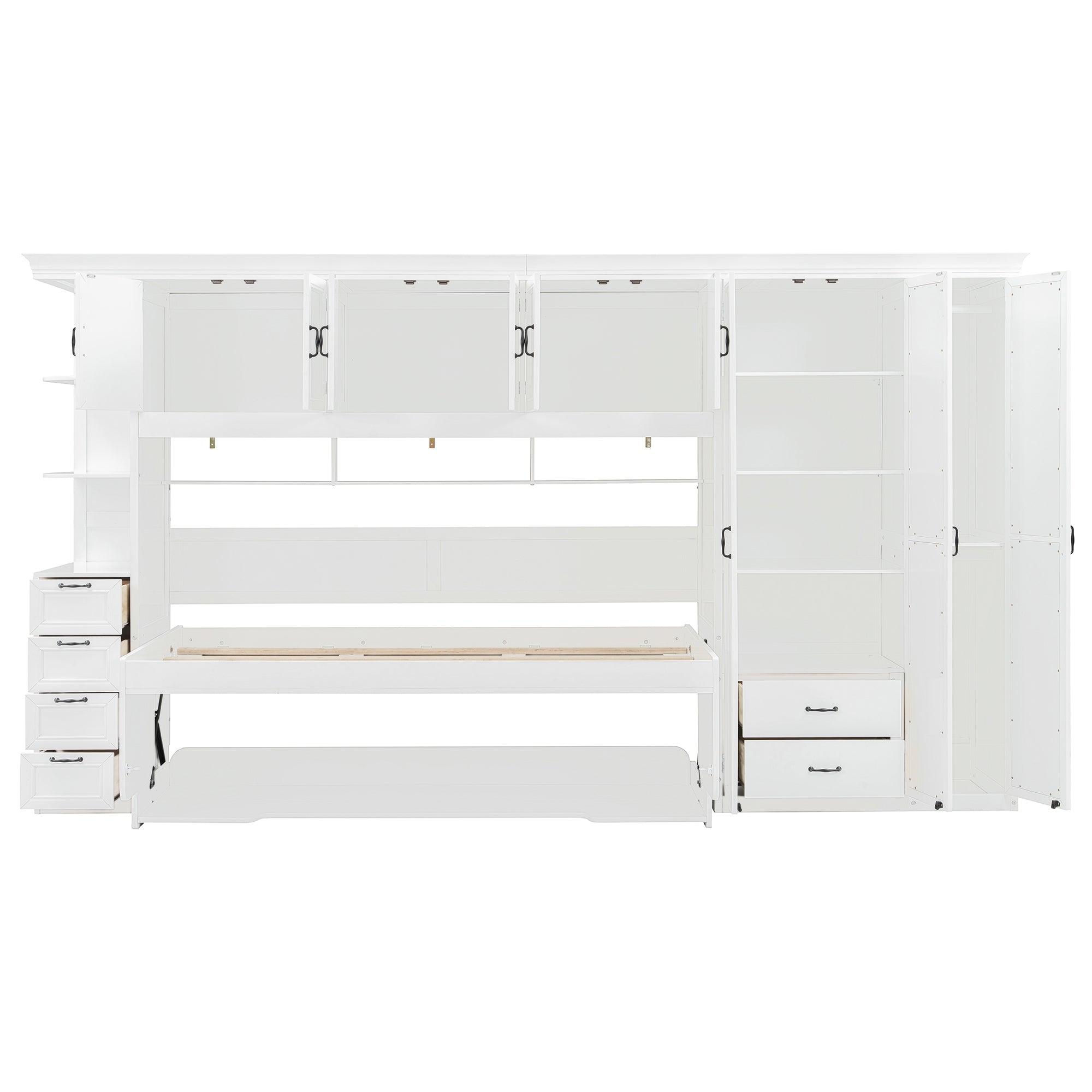 Twin Size Murphy Bed Wall Bed with Wardrobe, Cabinet and Desk, White