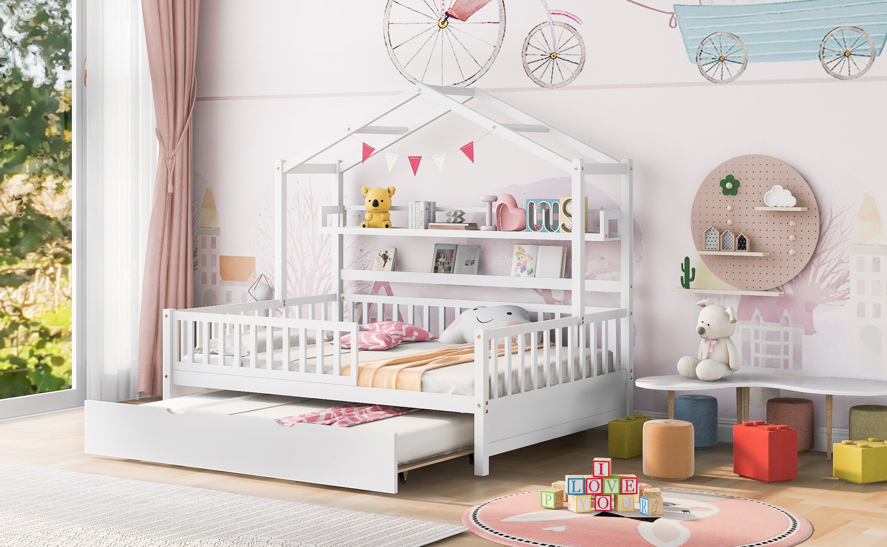 Wooden Full Size House Bed with Twin Size Trundle,Kids Bed with Shelf, White(Old SKU:WF301683AAK)