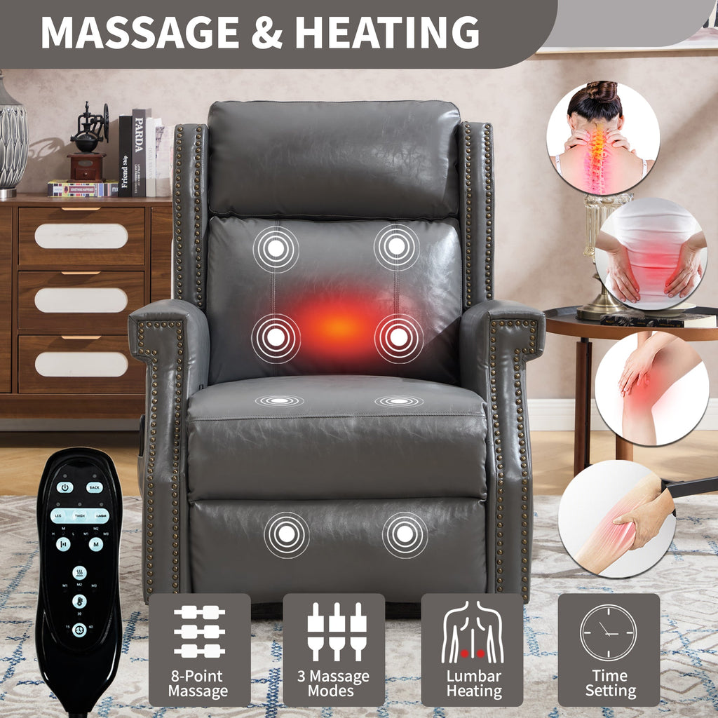 Grey Manual Recliner Chair in Faux Leather for Living Room with Heavy Duty Motion Mechanism, 8 vibrating nodes and 3 massage modes.