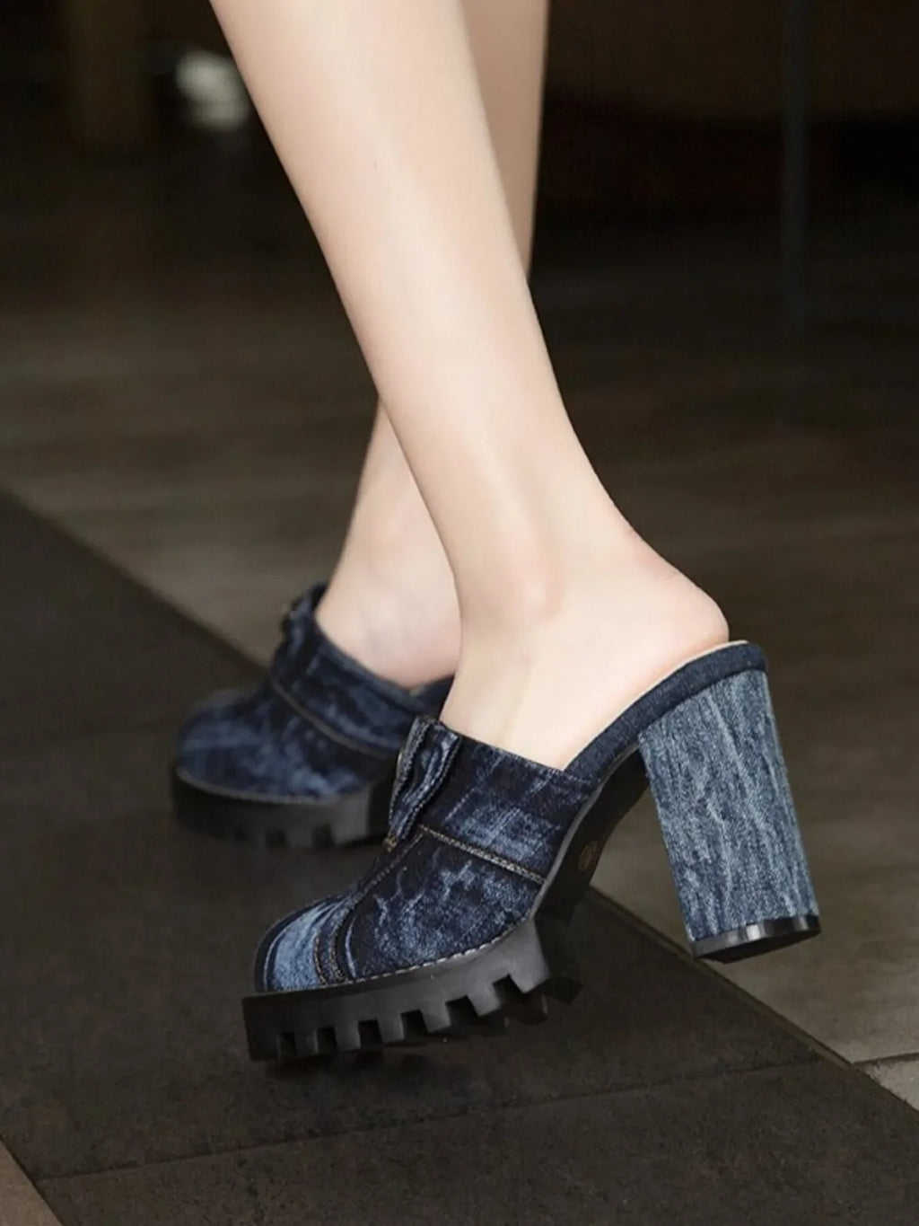 Denim Round Toe Block Heels Sandals