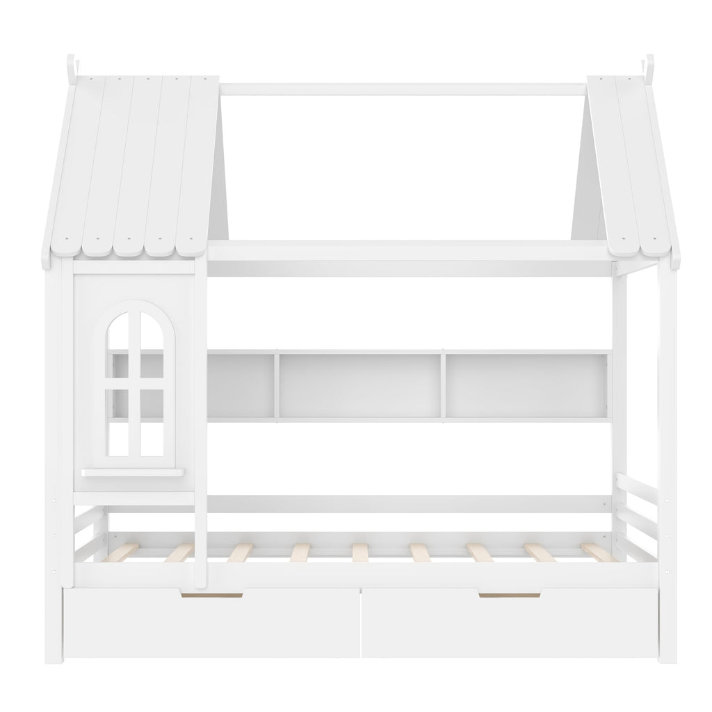 Full house Beds with Storage Drawers and Window, Solid Wood House Platform Bed Frame with shelves, for Kids, Girls, Boys, No Spring Box Needed and Childlike Design, White