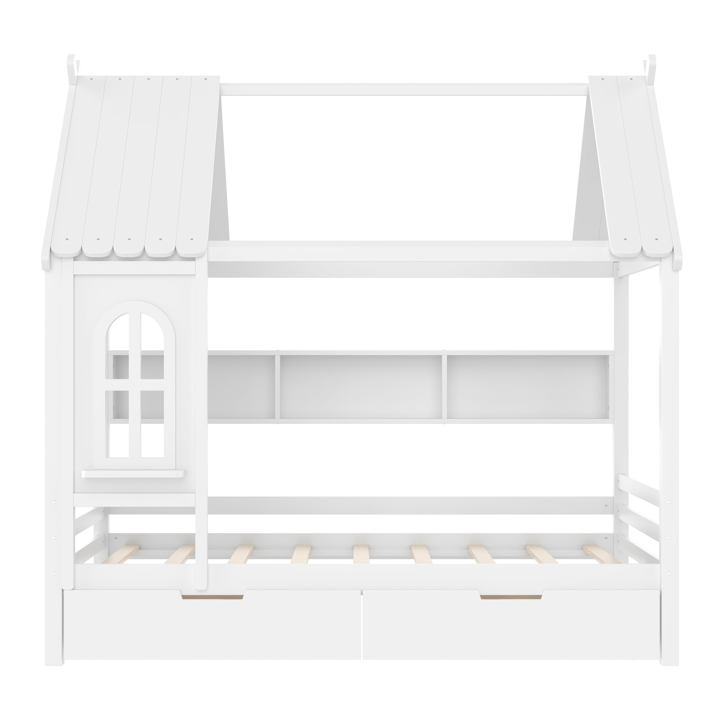 Full house Beds with Storage Drawers and Window, Solid Wood House Platform Bed Frame with shelves, for Kids, Girls, Boys, No Spring Box Needed and Childlike Design, White