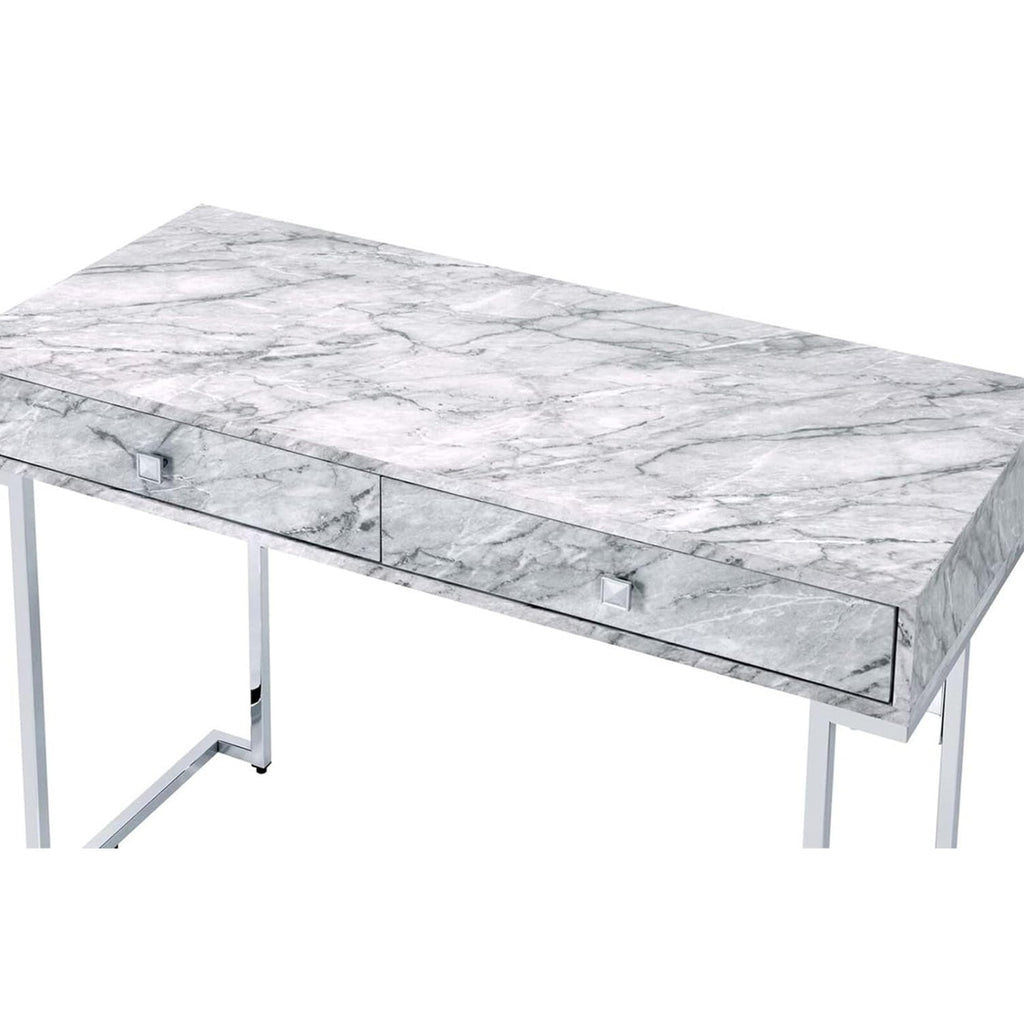 Rectangular Writing Desk with 2 Drawers, White Engineered Stone Top and Chrome