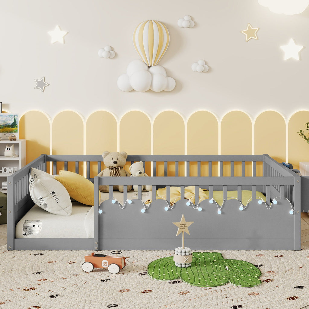 Full Montessori Floor Bed Frame with High Rails, Wood Kids Floor Beds with Light and Storage Shelf, Gray(Expect Arrival Date 2025/8/15)