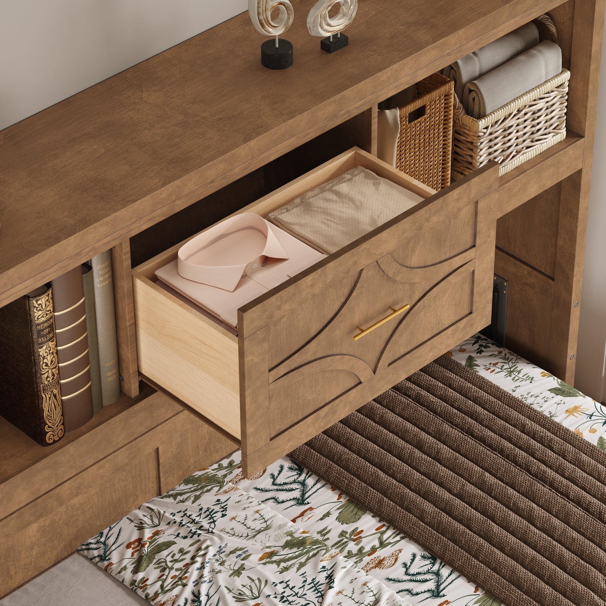 Twin Size Murphy Bed with Charging Station and Drawer in Wood Color, Solid Pine Wood + MDF
