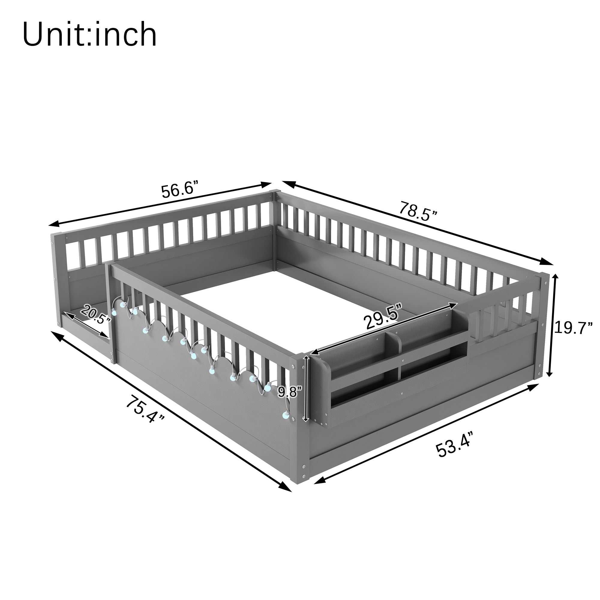 Full Montessori Floor Bed Frame with High Rails, Wood Kids Floor Beds with Light and Storage Shelf, Gray(Expect Arrival Date 2025/8/15)