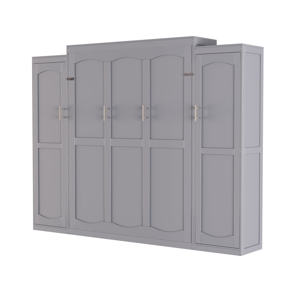 Full Size Murphy Bed, Wooden Full Wall Bed with 2 Wardrobe and Storage Shelf, Multifunctional Foldable Platform Bedframe for Guest-Room, Bedroom, Gray