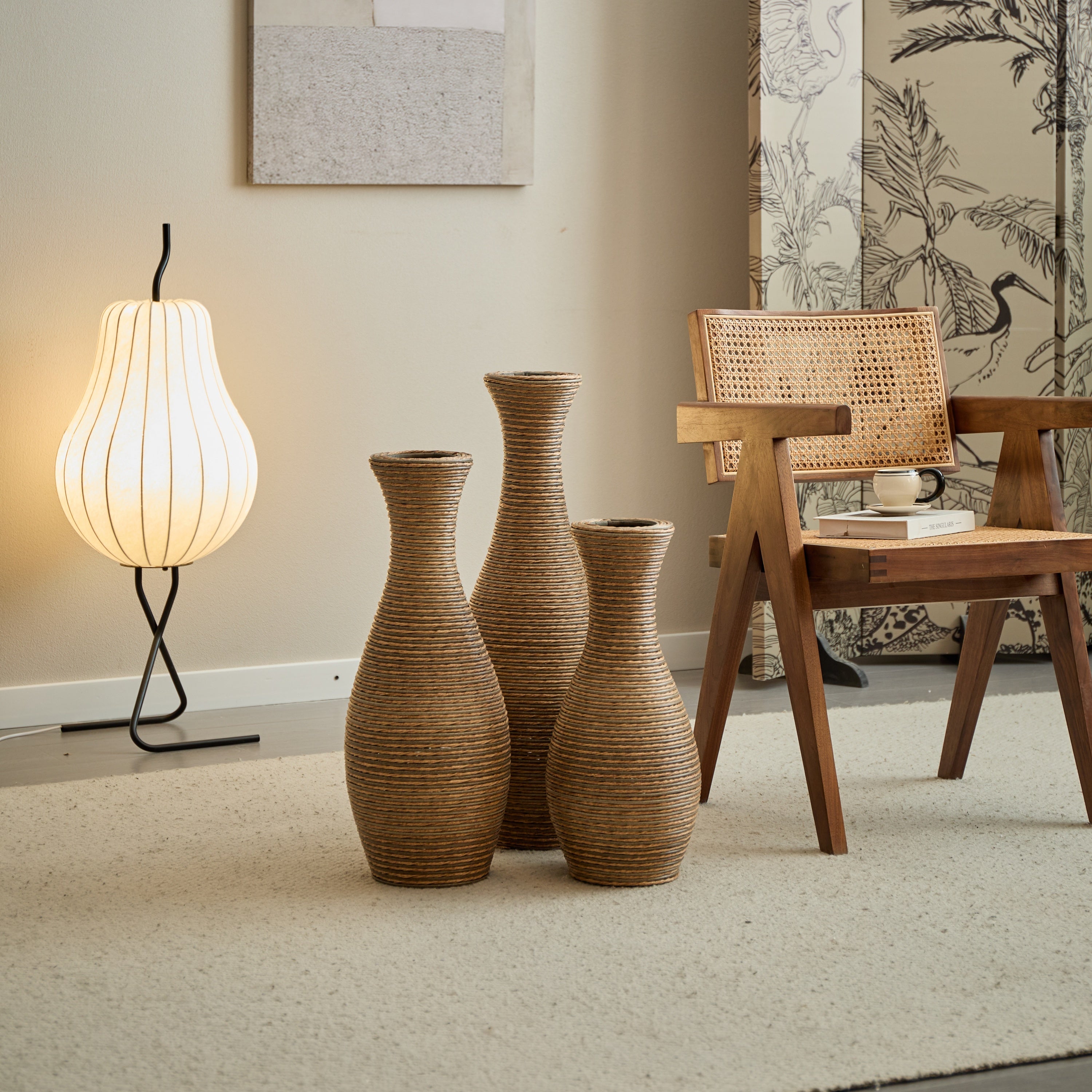 3-Piece Artificial Rattan Floor Vase Set – Decorative Accent for Living Room, Hallway & Entryway, Ideal for Dried or Silk Flower Arrangements, Beige