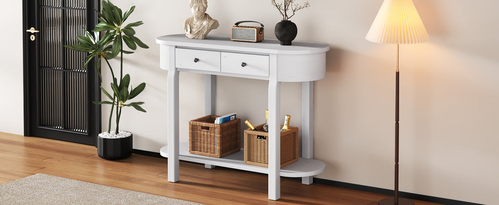TREXM Elegant Retro Console Table with Curved Design and Smooth Glaze for Entryways, Living Rooms and hallways (Antique White)