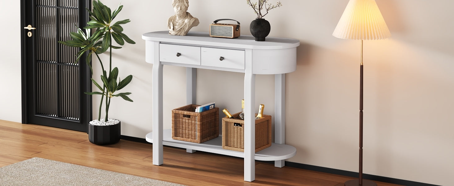 TREXM Elegant Retro Console Table with Curved Design and Smooth Glaze for Entryways, Living Rooms and hallways (Antique White)