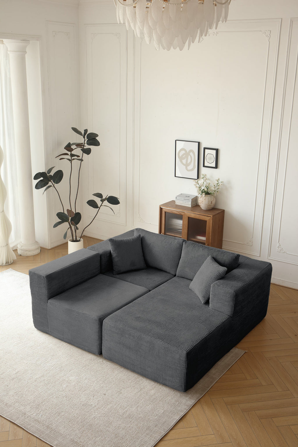 H613 Sectional Sofa and Module, Mid-Century Modern L Shaped Couches 3-Seat Sofa for Living Room Grey Right