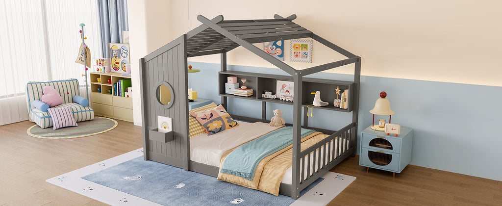 Full Size Floor House Bed for Toddler, Kids Montessori Bed  with Storage Shelf, Playhouse Bed with Roof Design, Gray